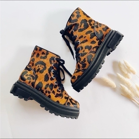 Schutz Women’s Maylova Leopard-Print Calf Hair Combat Booties - Picture 1 of 7